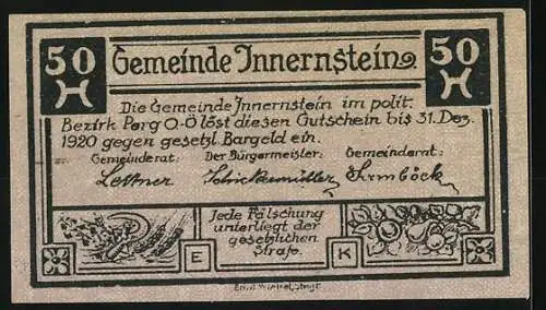 Notgeld Innernstein 1920, 50 Heller, Ansicht der Burg Innernstein, Wappen und Zierleiste