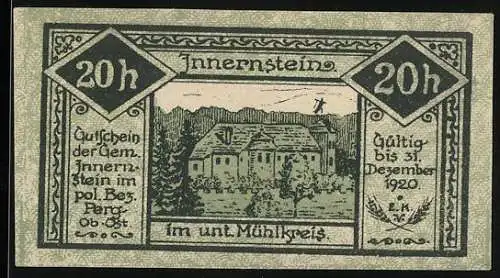 Notgeld Innernstein 1920, 20 Heller, Schlossansicht und Ruine Saxenegg, gültig bis 31. Dezember 1920