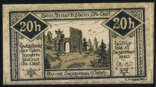 Notgeld Innernstein 1920, 20 Heller, Schlossansicht und Ruine Saxenegg, gültig bis 31. Dezember 1920