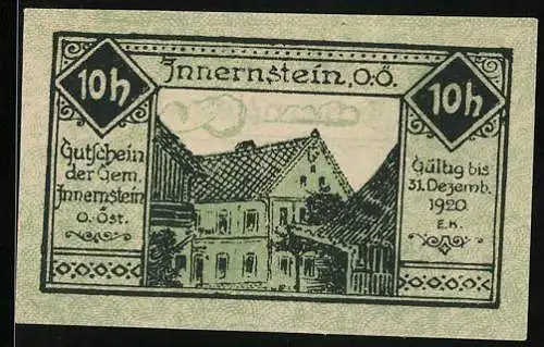 Notgeld Innernstein 1920, 10 Heller, Gebäudeansicht und Text mit Gemeindeangaben