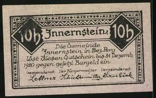 Notgeld Innernstein 1920, 10 Heller, Gebäudeansicht und Text mit Gemeindeangaben