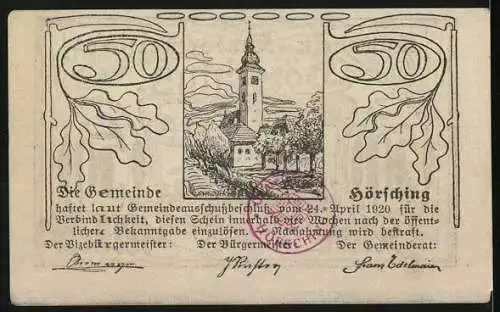 Notgeld Hörsching, 50 Heller, Schloss Saxenburg und Kirchturm im Eichenlaubrahmen, Stempel und Unterschriften