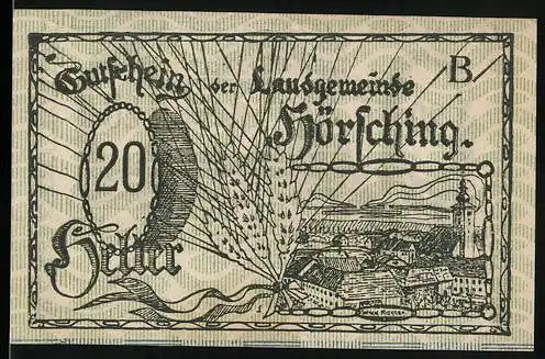 Notgeld Hörsching, 20 Heller, Stadtansicht und Inschrift mit Siegel und Unterschriften