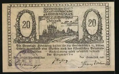 Notgeld Hörsching, 20 Heller, Stadtansicht und Inschrift mit Siegel und Unterschriften