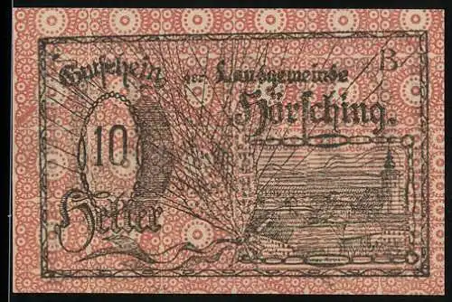 Notgeld Hörsching, 10 Heller, Stadtansicht mit Turm und Inschrift, dekoratives Muster