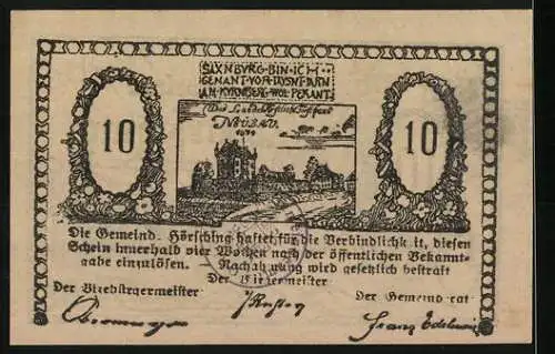 Notgeld Hörsching, 10 Heller, Stadtansicht mit Turm und Inschrift, dekoratives Muster