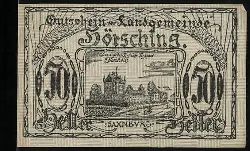 Notgeld Hörsching 1920, 50 Heller, Schloss und Kirche mit Eichenlaub, Stempel und Unterschriften