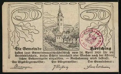 Notgeld Hörsching 1920, 50 Heller, Schloss und Kirche mit Eichenlaub, Stempel und Unterschriften