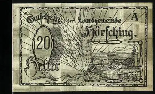 Notgeld Hörsching, 20 Heller, Stadtansicht mit Kirche und Schlossansicht mit Text