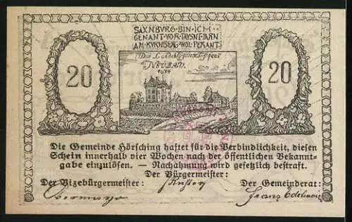 Notgeld Hörsching, 20 Heller, Stadtansicht mit Kirche und Schlossansicht mit Text