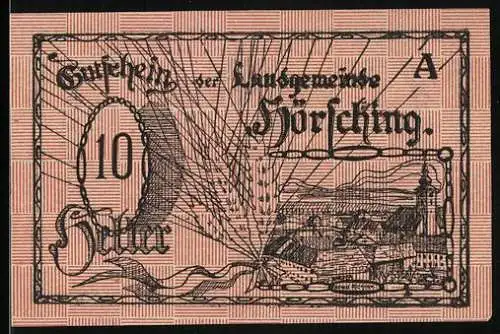 Notgeld Hörsching, 10 Heller, Landschaft und Gebäude, Wappen, Unterschriften