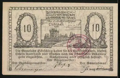 Notgeld Hörsching, 10 Heller, Landschaft und Gebäude, Wappen, Unterschriften