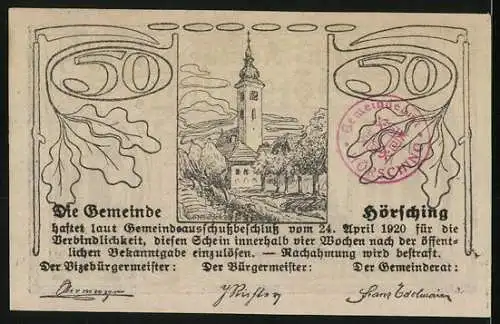 Notgeld Hörsching, 50 Heller, Burgruine Saxnburg und Kirchturm mit Eichenlaub-Motiven