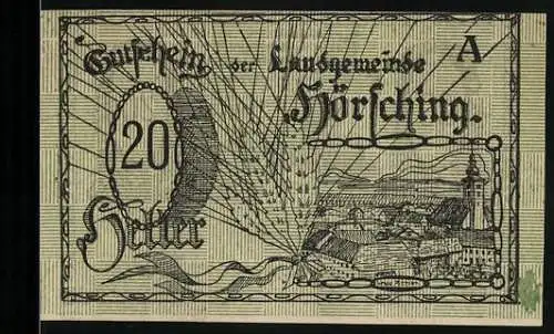 Notgeld Hörsching, 20 Heller, Landschaftsansicht und Sonnenstrahlen-Motiv