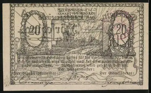 Notgeld Hörsching, 20 Heller, Landschaftsansicht und Sonnenstrahlen-Motiv