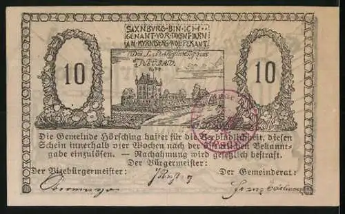 Notgeld Hörsching, 10 Heller, Stadtansicht mit Sonnenschein und Schlossansicht mit Landschaft