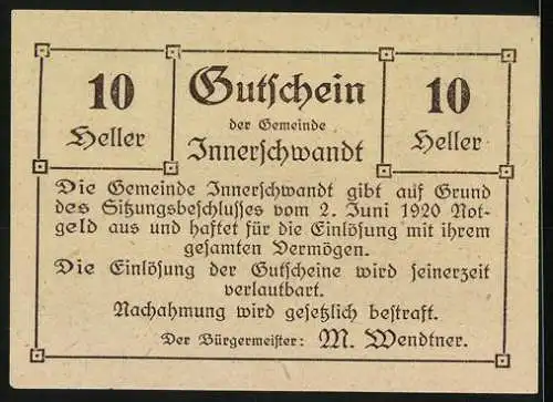 Notgeld Innerschwandt 1920, 10 Heller, Volksschule Loibichl