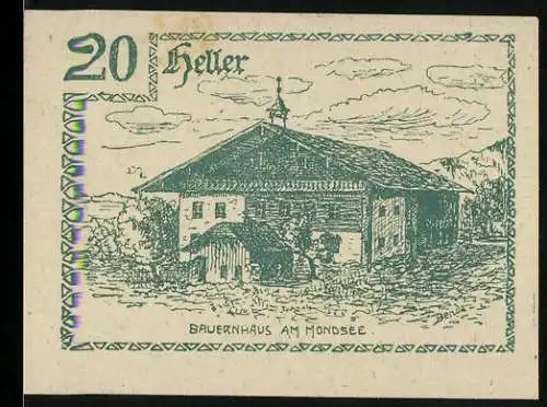 Notgeld Innerschwandt 1920, 20 Heller, Bauernhaus am Mondsee, Gutschein der Gemeinde