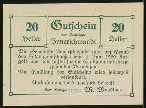 Notgeld Innerschwandt 1920, 20 Heller, Bauernhaus am Mondsee, Gutschein der Gemeinde