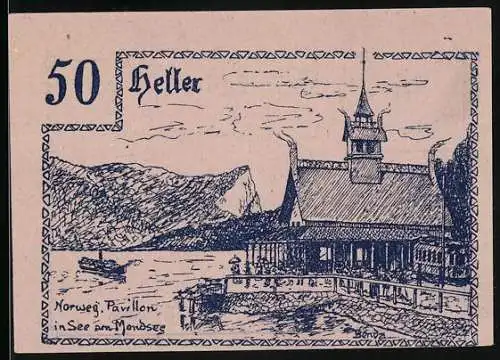 Notgeld Innerschwandt 1920, 50 Heller, Norweg. Pavillon im See am Mondsee