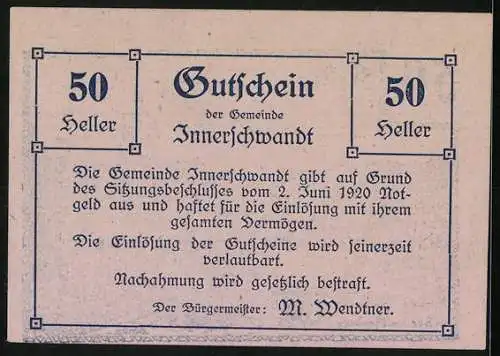 Notgeld Innerschwandt 1920, 50 Heller, Norweg. Pavillon im See am Mondsee