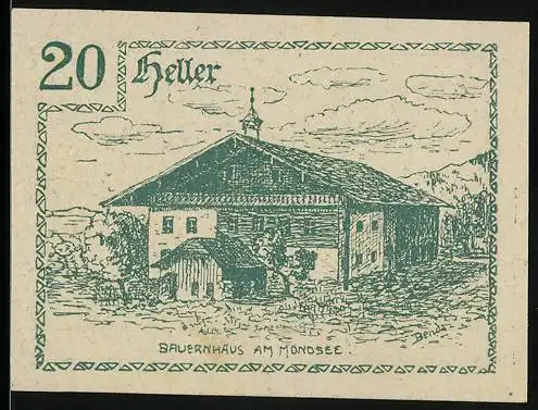 Notgeld Innerschwandt 1920, 20 Heller, Bauernhaus am Mondsee, Gutschein der Gemeinde