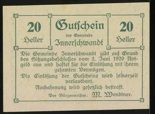 Notgeld Innerschwandt 1920, 20 Heller, Bauernhaus am Mondsee, Gutschein der Gemeinde