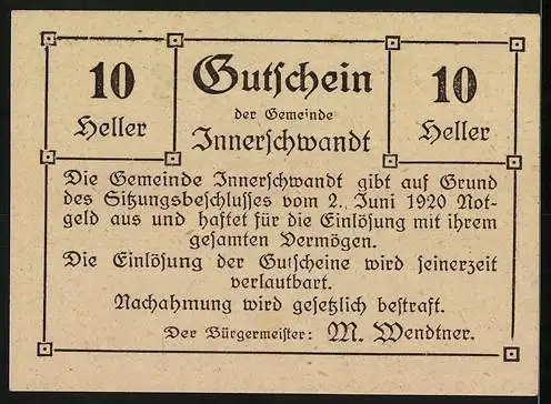 Notgeld Innerschwandt 1920, 10 Heller, Volksschule Loibichl, Gutschein der Gemeinde