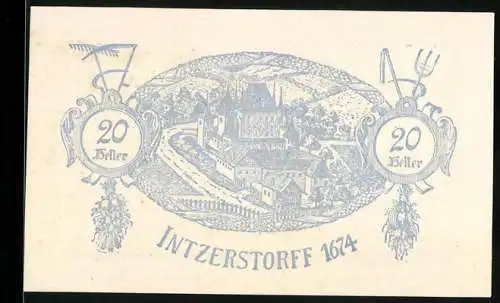 Notgeld Inzersdorf 1920, 20 Heller, Dorfansicht mit landwirtschaftlichen Symbolen, Bezirk Kirchdorf, Oberösterreich