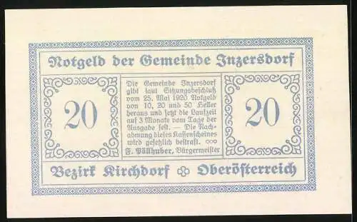 Notgeld Inzersdorf 1920, 20 Heller, Dorfansicht mit landwirtschaftlichen Symbolen, Bezirk Kirchdorf, Oberösterreich