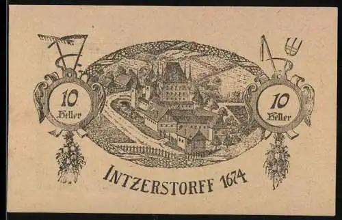 Notgeld Inzersdorf 1920, 10 Heller, Schlossansicht und landwirtschaftliche Symbole