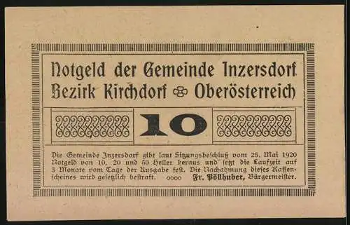 Notgeld Inzersdorf 1920, 10 Heller, Schlossansicht und landwirtschaftliche Symbole