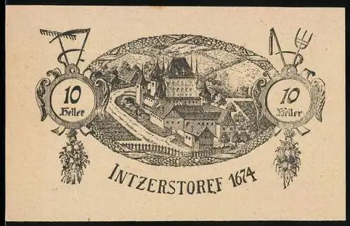 Notgeld Inzersdorf 1920, 10 Heller, Schlossansicht mit Werkzeugornamenten