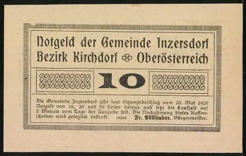 Notgeld Inzersdorf 1920, 10 Heller, Schlossansicht mit Werkzeugornamenten