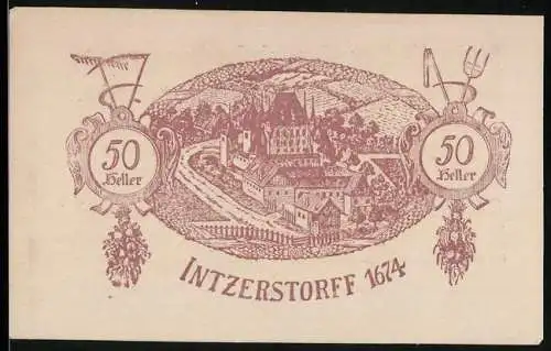 Notgeld Inzersdorf 1920, 50 Heller, Stadtdarstellung mit landwirtschaftlichen Symbolen