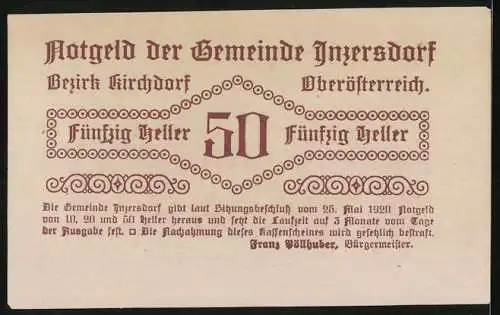 Notgeld Inzersdorf 1920, 50 Heller, Stadtdarstellung mit landwirtschaftlichen Symbolen