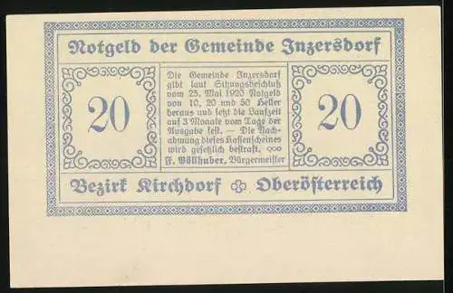 Notgeld Inzersdorf 1920, 20 Heller, Schlossansicht Inzersdorf 1674