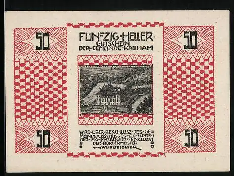 Notgeld Kallham, 50 Heller, Landschaftsmotiv mit Gebäude, dekoratives Muster und Text