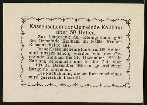 Notgeld Kallham, 50 Heller, Landschaftsmotiv mit Gebäude, dekoratives Muster und Text