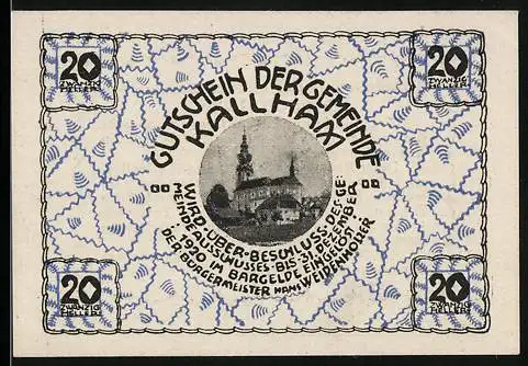 Notgeld Kallham 1920, 20 Heller, Kirche und florales Muster