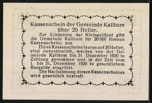 Notgeld Kallham 1920, 20 Heller, Kirche und florales Muster