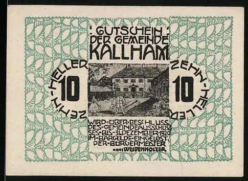 Notgeld Kallham 1920, 10 Heller, ländliche Szene mit Haus und Personen