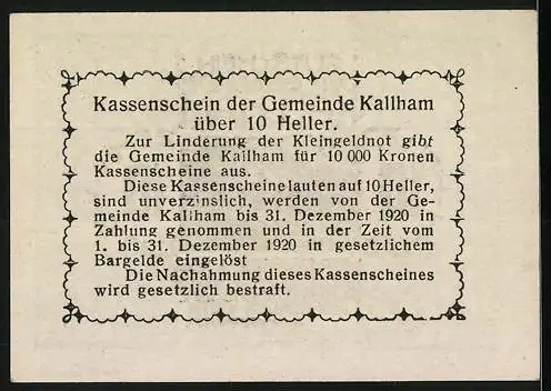 Notgeld Kallham 1920, 10 Heller, ländliche Szene mit Haus und Personen