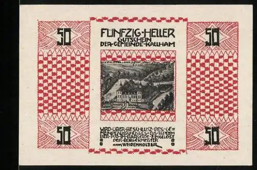 Notgeld Kallham 1920, 50 Heller, Landschaftsmotiv und Textdetails