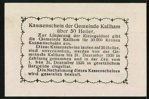 Notgeld Kallham 1920, 50 Heller, Landschaftsmotiv und Textdetails