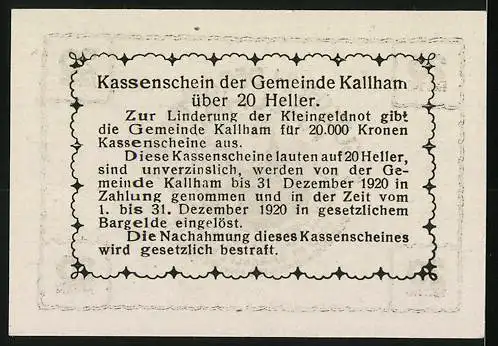 Notgeld Kallham 1920, 20 Heller, Kirche und Text zur Gültigkeit