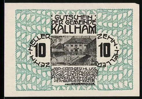 Notgeld Kallham 1920, 10 Heller, Gebäudeansicht und Text, grünes Muster, Kassenschein der Gemeinde