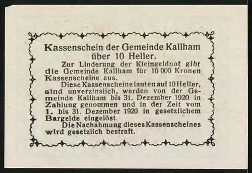 Notgeld Kallham 1920, 10 Heller, Gebäudeansicht und Text, grünes Muster, Kassenschein der Gemeinde