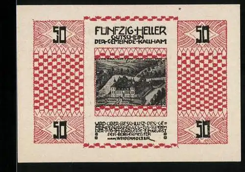 Notgeld Kallham 1920, 50 Heller, Landschaftsmotiv mit geometrischen Mustern