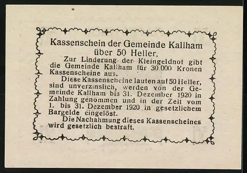 Notgeld Kallham 1920, 50 Heller, Landschaftsmotiv mit geometrischen Mustern